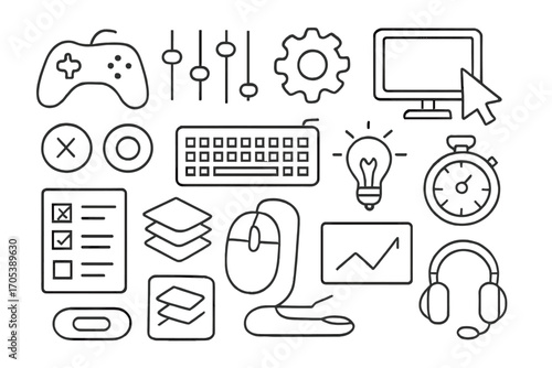 Gaming Equipment Icons. Hand-drawn doodle illustration game preset joystick, sliders, gear, computer screen, cursor, buttons,