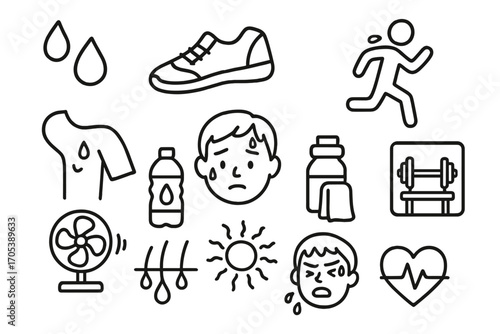 Exercise Doodle Icons. Hand-drawn doodle illustration sweat and exercise sweat drop, running shoe, athlete icon, armpit, forehead