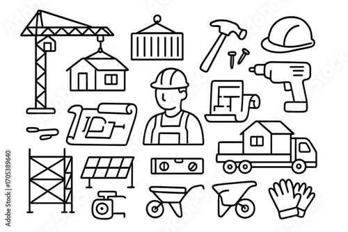 Modular Home Construction Doodles. Hand-drawn doodle illustration Modular home construction crane, shipping container, hammer,