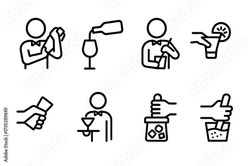Bartending Icon Set. Outline icon set of bartending actions: shaking, pouring, stirring, muddling, garnishing, measuring, serving,
