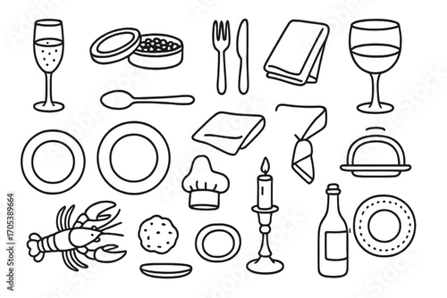 Luxury Dining Icons. Hand-drawn doodle illustration luxury dining champagne glass, caviar, silver cutlery, crystal wine glass,