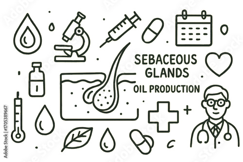 Sebaceous Glands Doodle. Hand-drawn doodle illustration sebaceous glands oil production sebaceous glands, oil drop, skin, hair