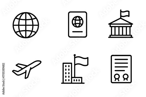 Global Icon Set. Outline icon set of international relations: globe, handshake, passport, embassy, airplane, flag, UN building,