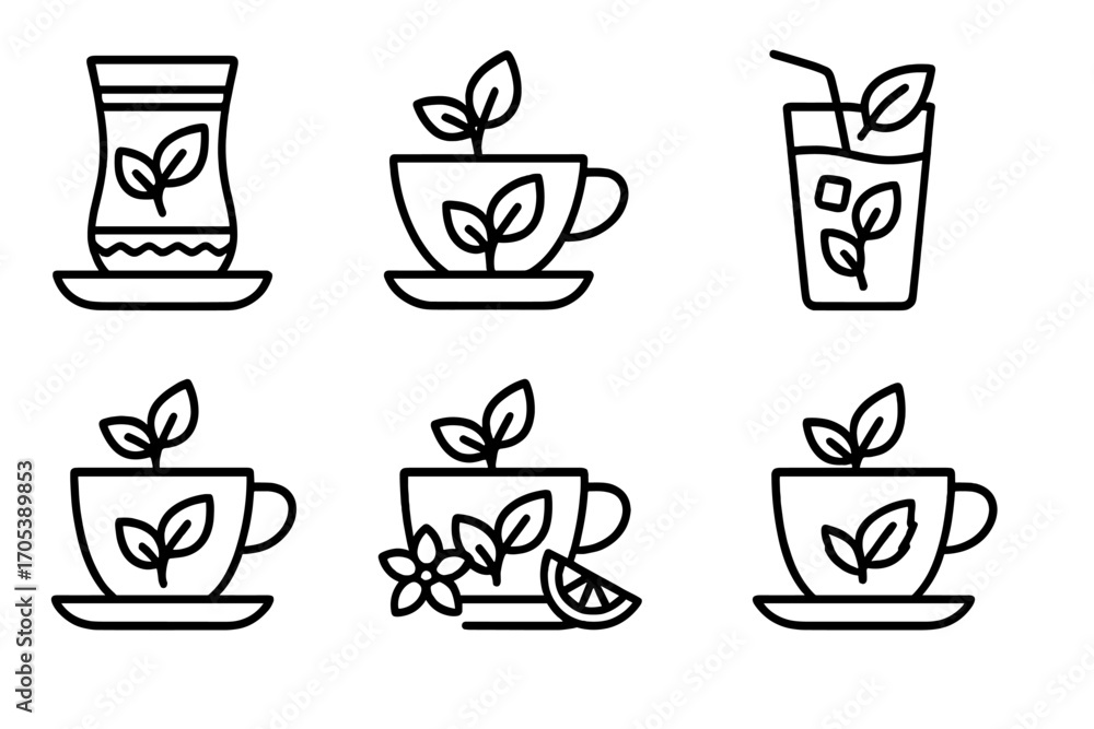 Obraz premium Mint Tea Icon Set. Outline icon set of mint tea types: Moroccan mint tea, green tea, iced mint tea, herbal mint tea, jasmine mint