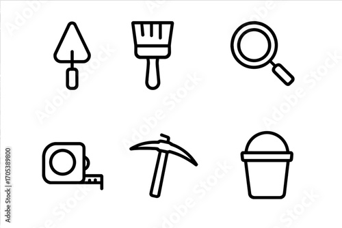 Archaeological Tools Icons. Outline icon set of archaeological tools: trowel, brush, shovel, magnifying glass, measuring tape,