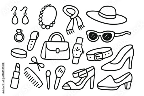 Fashion Accessories Doodle. Hand-drawn doodle illustration fashion accessories earring, necklace, scarf, sunglasses, hat, handbag,