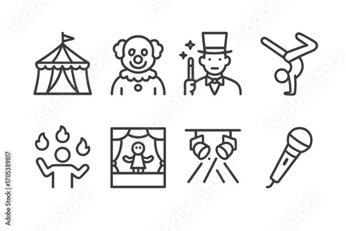 Festival Entertainment Icons. Outline icon set of festival entertainment: circus tent, clown, magician, acrobat, fire juggler,