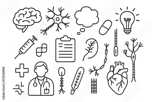 Cognition Doodle Icons. Hand-drawn doodle illustration gray matter cognition gray matter, brain, neuron, thought bubble, light