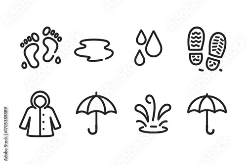 Rainy Day Icons. Outline icon set of wet footprints: wet footprints, water puddle, rain drops, muddy footprints, shoe print,