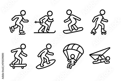 Glide Sports Icons. Outline icon set of glide sports and activities: ice skating, skiing, snowboarding, rollerblading,