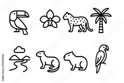 Venezuelan Wildlife Icons. Outline icon set of Venezuelan nature and wildlife: toucan, orchid, jaguar, palm tree, river, giant