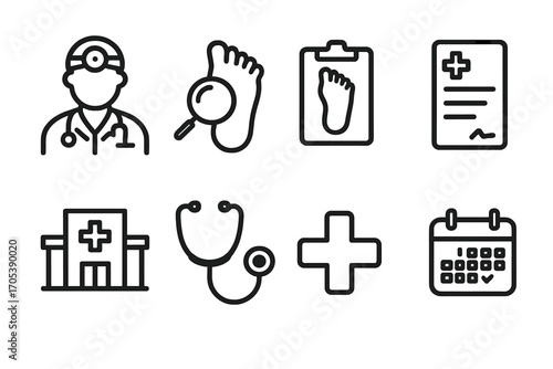 Podiatry Icon Set. Outline icon set of podiatry and health consultation: doctor, foot examination, medical chart, prescription,