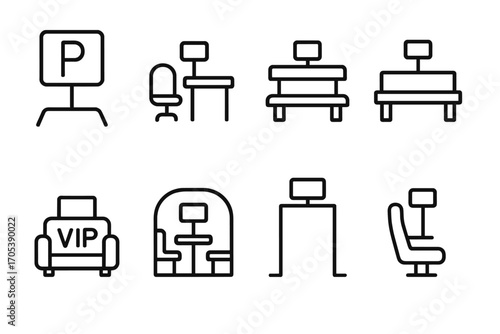 Reserved Spaces Icons. Outline icon set of reserved spaces: reserved parking spot, reserved office desk, reserved bench, reserved