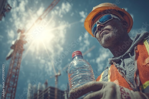 Protective gear and water: construction worker in extreme heat.