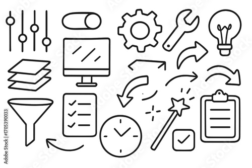 Doodle Icon Set. Hand-drawn doodle illustration control preset sliders, toggle switch, gear, wrench, computer screen, layers panel