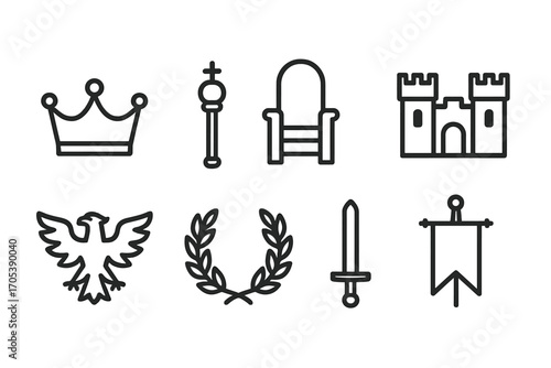 Empire Icon Set. Outline icon set of empire themes: crown, scepter, throne, castle, eagle, laurel wreath, sword, banner. Line