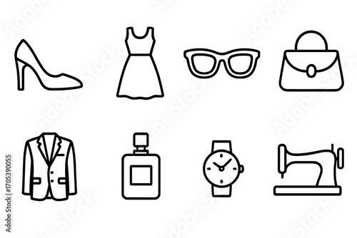 Iconic Fashion Designs. Outline icon set of Italian fashion and design: high heel shoe, dress, sunglasses, handbag, suit, perfume