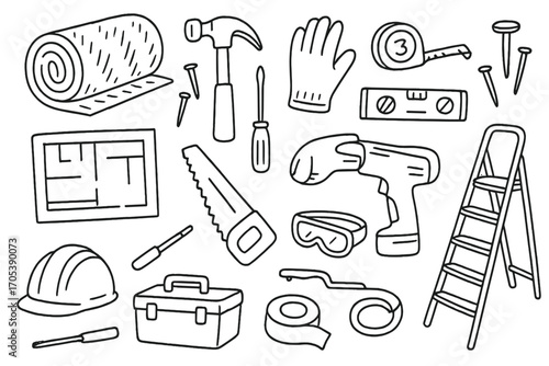Construction Tools Doodle. Hand-drawn doodle illustration wall insulation insulation roll, hammer, nails, screwdriver, gloves,