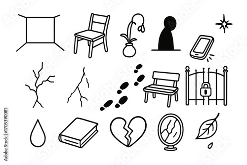 Lonely Room Sketch. Hand-drawn doodle illustration loneliness and estrangement empty room, broken chair, cracked wall, wilted