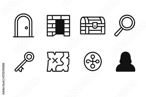 Hidden World Icons. Outline icon set of hidden world elements: secret door, hidden passage, treasure chest, magnifying glass,