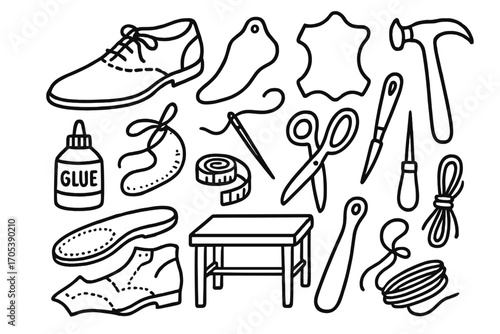 Custom Shoe Tools. Hand-drawn doodle illustration custom shoes shoe last, leather, hammer, needle and thread, scissors, glue,