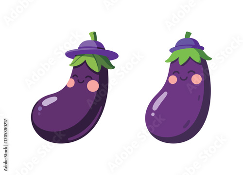 Two cute eggplant characters with happy faces and purple hats. Funny smiling vegetable mascots. Healthy food concept.