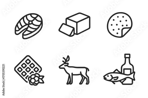 Norwegian Cuisine Icons. Outline icon set of Norwegian cuisine: salmon fillet, brown cheese, lefse, waffles, cloudberries, cod