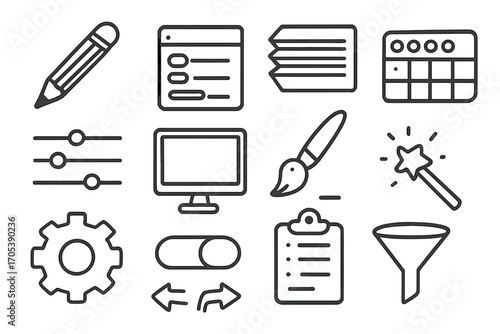 Creative Tools Icons. Hand-drawn doodle illustration design preset pencil, ruler, layers panel, color palette, sliders, computer