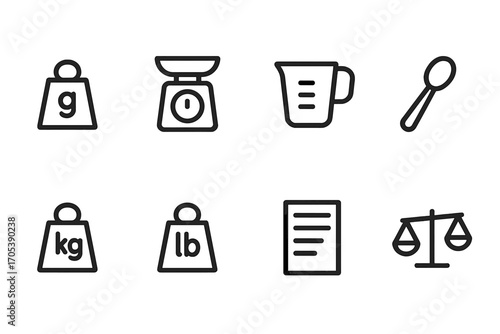 Serving Size Icons. Outline icon set of serving size and weight: gram weight, ounce scale, cup measure, tablespoon, kilogram,