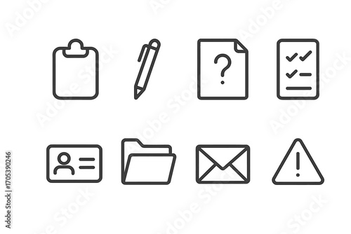 Lost Item Icons. Outline icon set of lost item report: clipboard, pen, document with question mark, checklist, user ID, file
