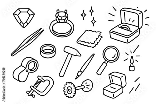 Jewelry Tools Icons. Hand-drawn doodle illustration gemstone mounting gemstone, ring band, prongs, bezel, tweezers, jeweler’s