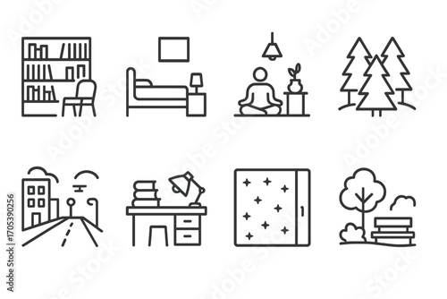 Quiet Environment Icons. Outline icon set of quiet environments: library, bedroom, meditation room, forest, empty street, study