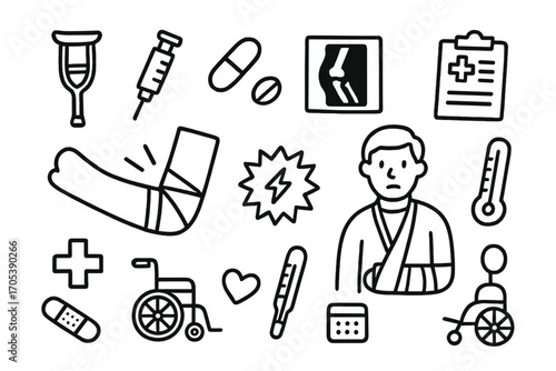 Elbow Injury Icons. Hand-drawn doodle illustration elbow injury broken elbow, cast, crutch, syringe, pill, x-ray, clipboard, pain