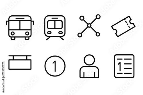 Public Transport Icons. Outline icon set of public transport route: bus, train, subway map, ticket, station sign, route number,