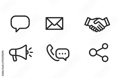 Cold Logic Icons. Outline icon set of cold logic communication: speech bubble, email, document, handshake, megaphone, phone, chat