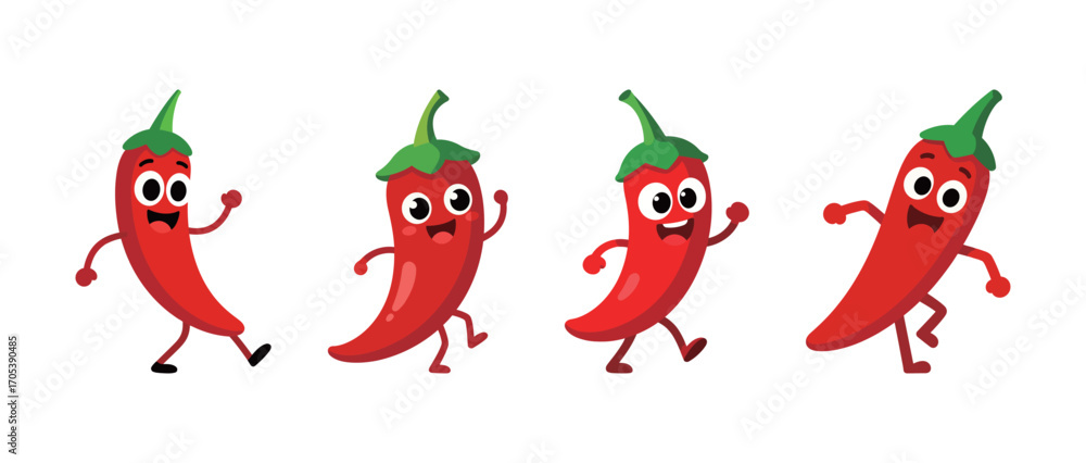 Obraz premium Cute cartoon chili peppers with happy faces. Funny smiling vegetable characters walking and waving. Spicy food concept.