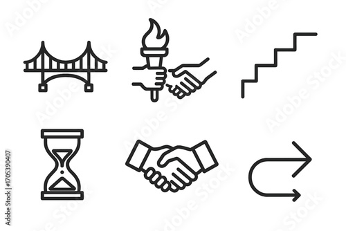 Legacy Transition Icons. Outline icon set of legacy transition: bridge, torch pass, staircase, clock, hourglass, handshake, path,