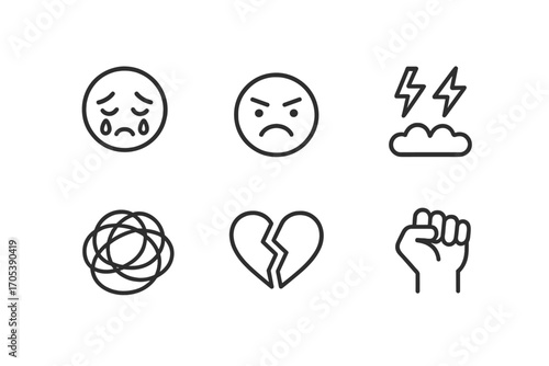 Emotional Stress Icons. Outline icon set of emotional stress: crying face, angry face, worried face, frustration symbol, tangled