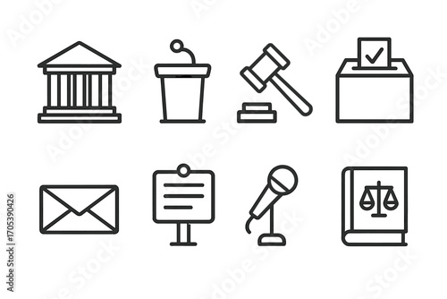Official Declaration Icon Set. Outline icon set of official declaration objects: government building, podium, gavel, ballot box,