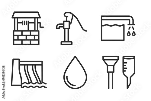 Water Extraction Icons. Outline icon set of water extraction: well, water pump, reservoir, irrigation pipe, dam, water droplet,