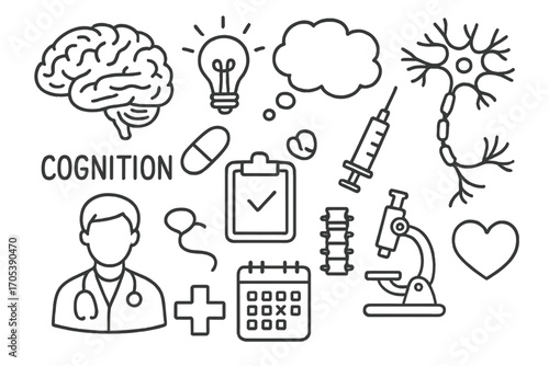 Cognitive Elements Doodle. Hand-drawn doodle illustration cerebrum cognition cerebrum, brain, light bulb, thought bubble, neuron,