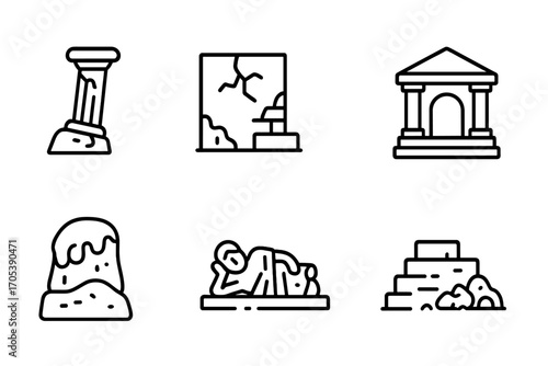 Ruins Icon Set. Outline icon set of ruins architecture: broken column, cracked wall, collapsed arch, ancient temple, moss-covered