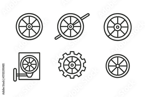 Historical Wheel Icons. Outline icon set of historical wheels: wooden wheel, chariot wheel, cart wheel, water wheel, mill wheel,
