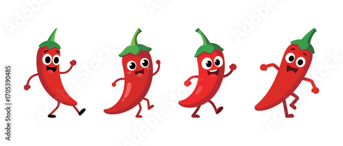 Cute cartoon chili peppers with happy faces. Funny smiling vegetable characters walking and waving. Spicy food concept.