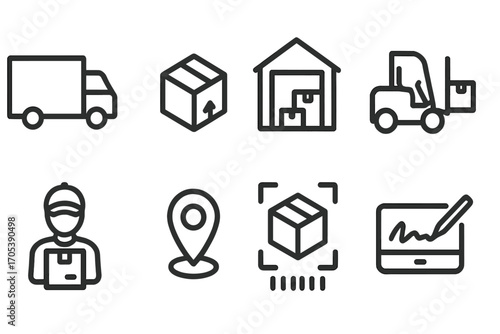 Flat Pack Delivery Icons. Outline icon set of flat pack delivery: delivery truck, shipping box, warehouse, forklift, delivery