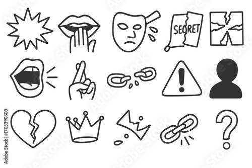 Explosive Secrets Icons. Hand-drawn doodle illustration explosive secrets explosion icon, whispering lips, broken mask, spilled