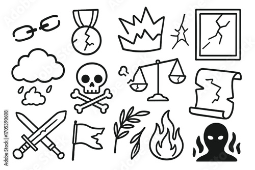 Symbols of Decline. Hand-drawn doodle illustration dishonor and infamy broken chain, cracked medal, fallen crown, shattered glass,