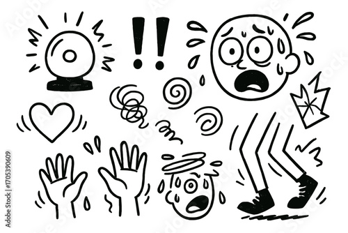 Panic Doodle Icons. Hand-drawn doodle illustration urgent panic alarm bell, wide eyes, sweating face, racing heart, trembling
