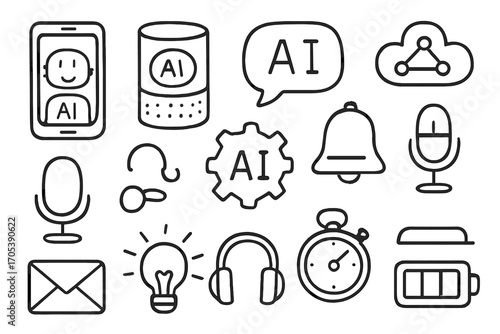 AI Icons Sketch. Hand-drawn doodle illustration AI in personal assistants smartphone, smart speaker, voice assistant icon, chat
