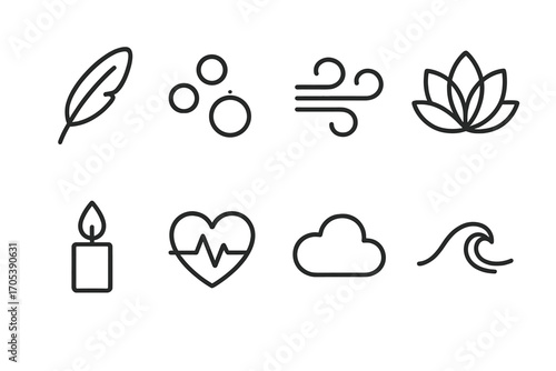 Calm and Digital Icons. Outline icon set of calming breath symbols: feather, bubble, wind swirl, lotus, candle flame, heart beat